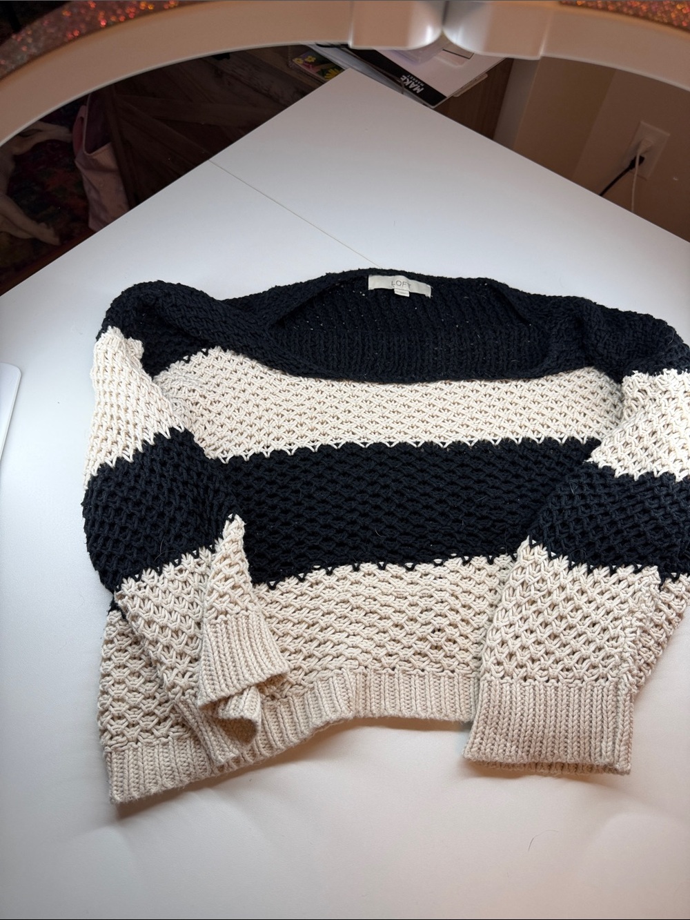 LOFT Black and Cream Chunky Open-Knit Crewneck Sweater